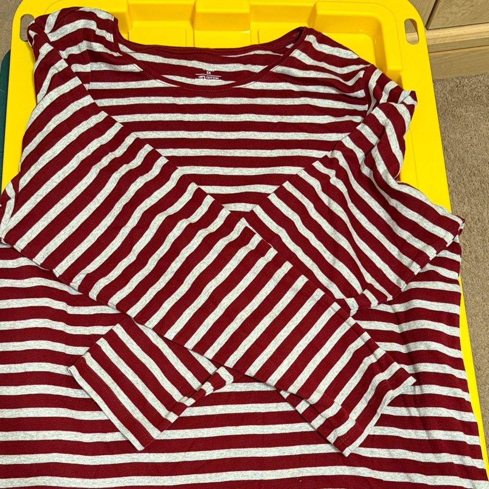 CJ Banks Burgundy and Cream Striped Top